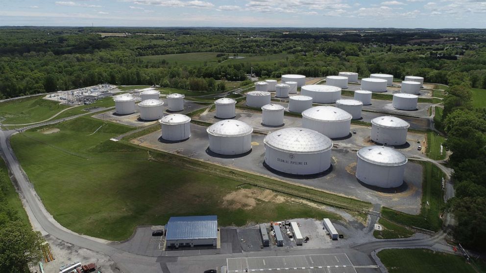 PHOTO: Holding tanks are seen in an aerial photograph at Colonial Pipeline's Dorsey Junction Station in Woodbine, Md. May 10, 2021.