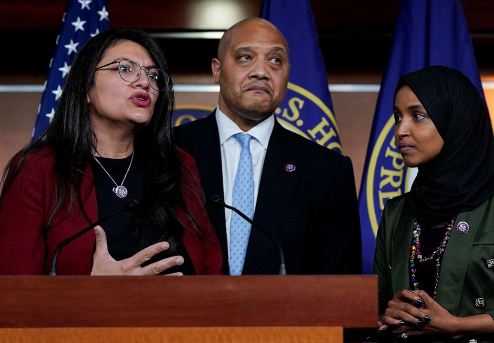 PHOTO: Rep. Rashida Tlaib speaks next to Rep. Andre Carson and Rep. Ilhan Omar during a news conference addressing the anti-Muslim comments made by Rep. Lauren Boebert towards Omar, on Capitol Hill, Nov. 30, 2021.