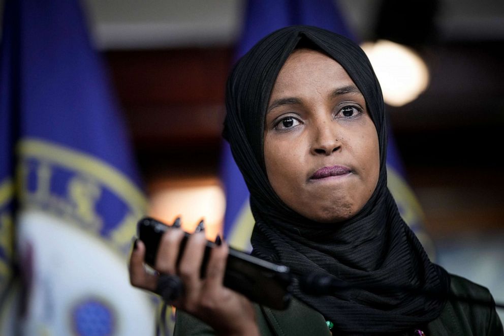 PHOTO: Rep. Ilhan Omar plays a voicemail containing a death threat during a news conference about Islamophobia on Capitol Hill, Nov. 30, 2021.