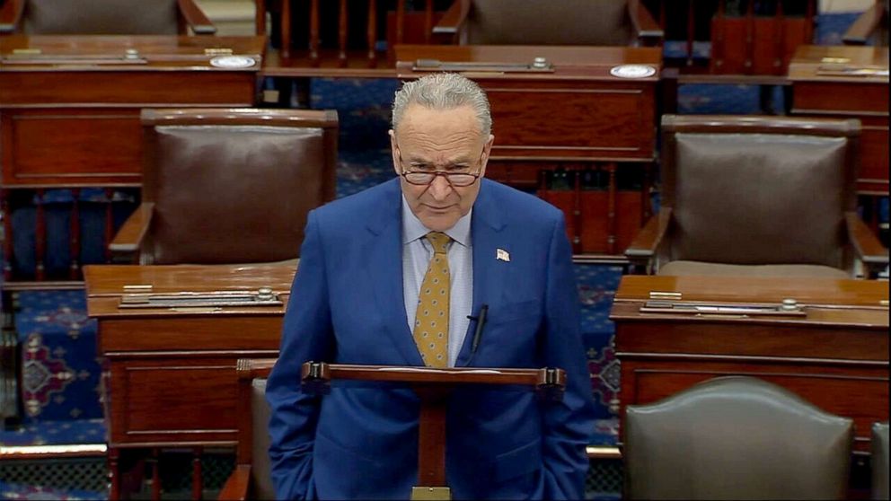 PHOTO: Senate Majority Leader Chuck Schumer speaks on the floor of the Senate in Washington, May 19, 2021.