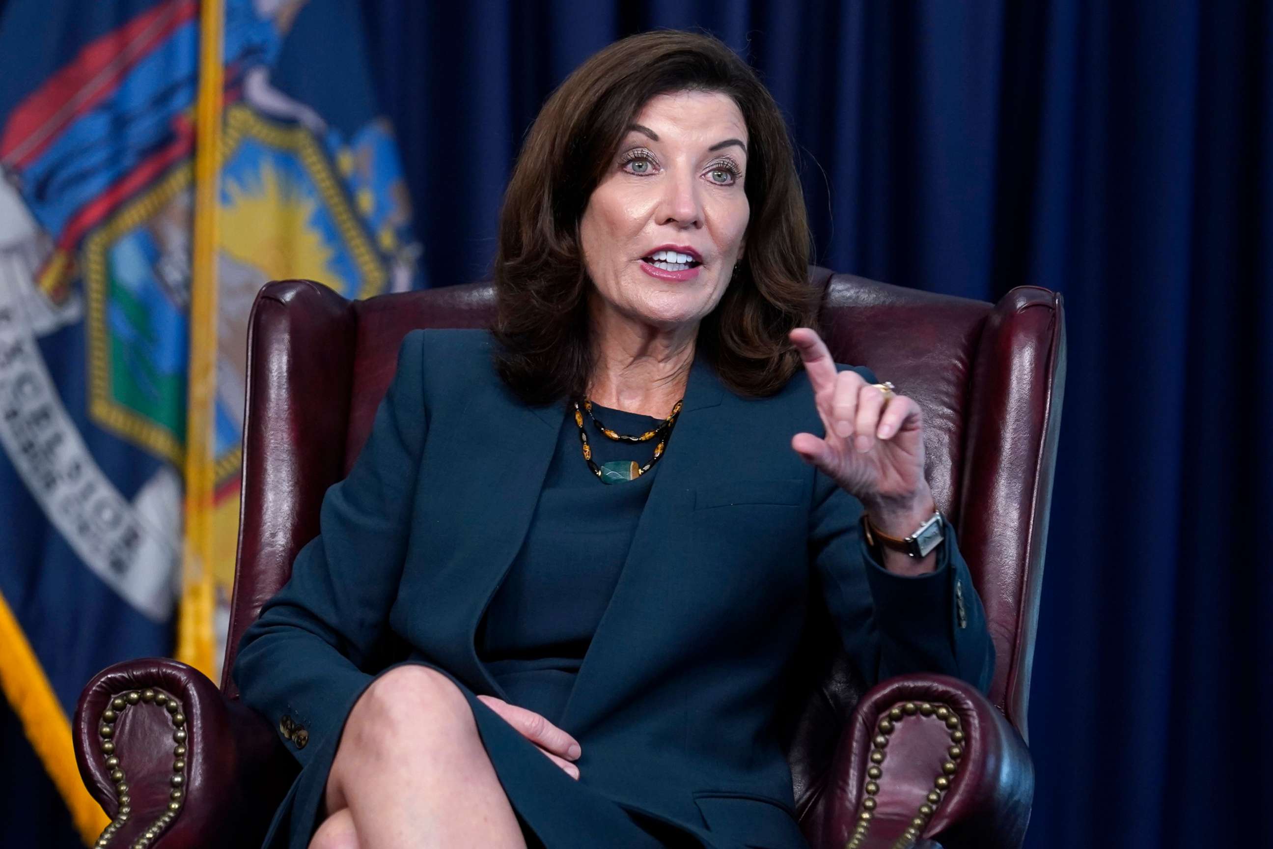 PHOTO: New York governor Kathy Hochul speaks to reporters in New York, Sept. 20, 2021.