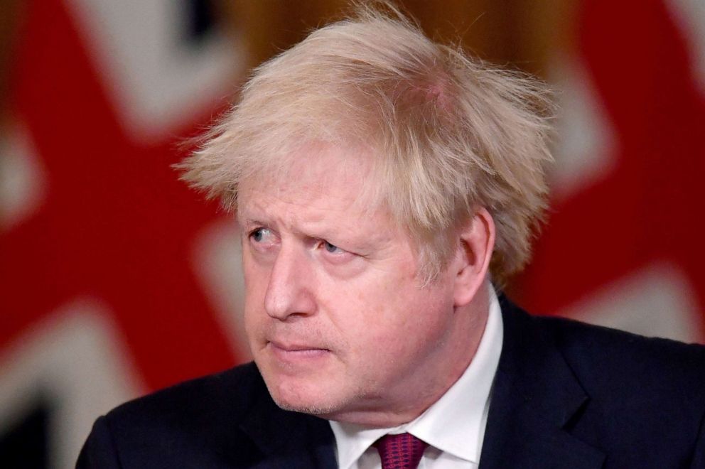 PHOTO: Britain's Prime Minister Boris Johnson announces a "stay at home" order for London and southeast England  during a virtual press conference inside 10 Downing Street in central London on Dec. 19, 2020. 