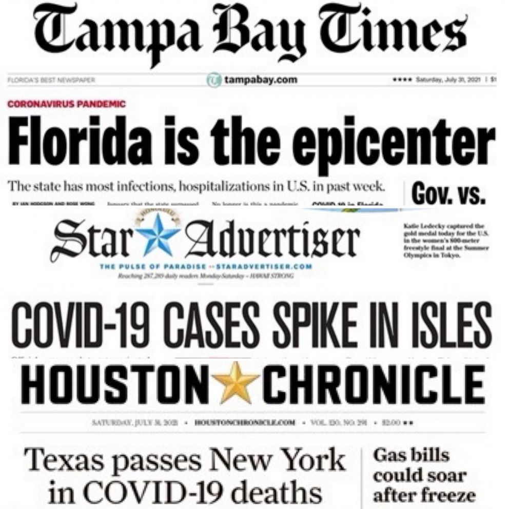 PHOTO: A composite image shows newspaper front pages conveying what is happening with regards to Covid-19 across the United States.