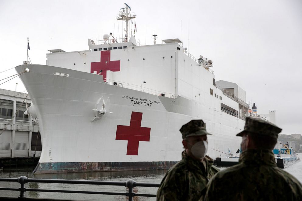 PHOTO: The U.S. Navy hospital ship USNS Comfort prepares to depart Manhattan's West Side to return to Naval Station Norfolk in Virginia in New York, April 30, 2020.