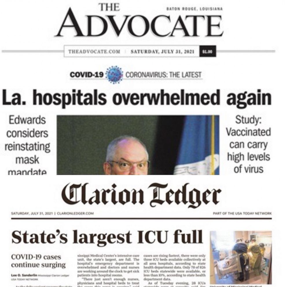 PHOTO: A composite image shows newspaper front pages conveying what is happening with regards to Covid-19 across the United States.