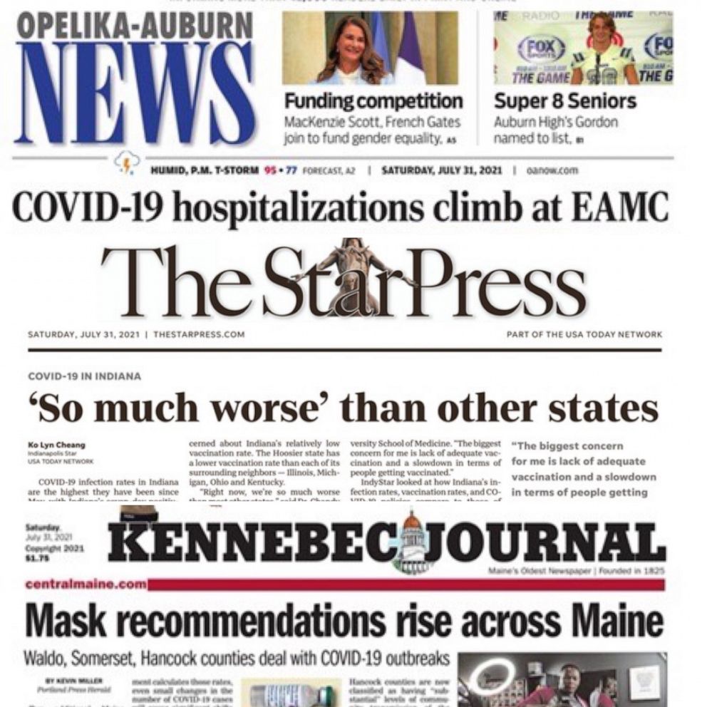 PHOTO: A composite image shows newspaper front pages conveying what is happening with regards to Covid-19 across the United States.