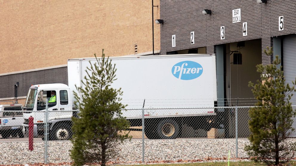 PHOTO: A truck backs into the loading dock of the Pfizer Global Supply manufacturing plant in Portage, Mich., Dec. 11, 2020.  