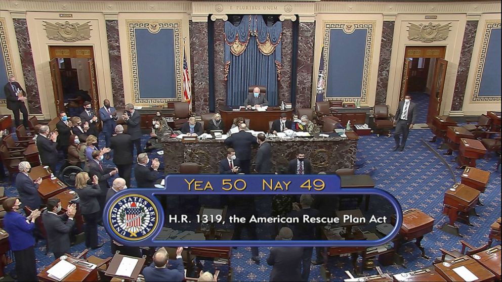 PHOTO: In this image from video, the vote total of 50-49 on Senate passage of the COVID-19 relief bill, is displayed on screen in the Senate at the U.S. Capitol in Washington, March 6, 2021.