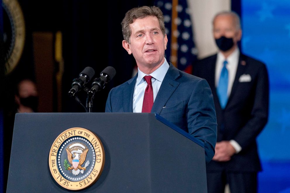 PHOTO: Johnson and Johnson Chairman and CEO Alex Gorsky speaks at an event in the South Court Auditorium in the Eisenhower Executive Office Building on the White House Campus,  March 10, 2021.