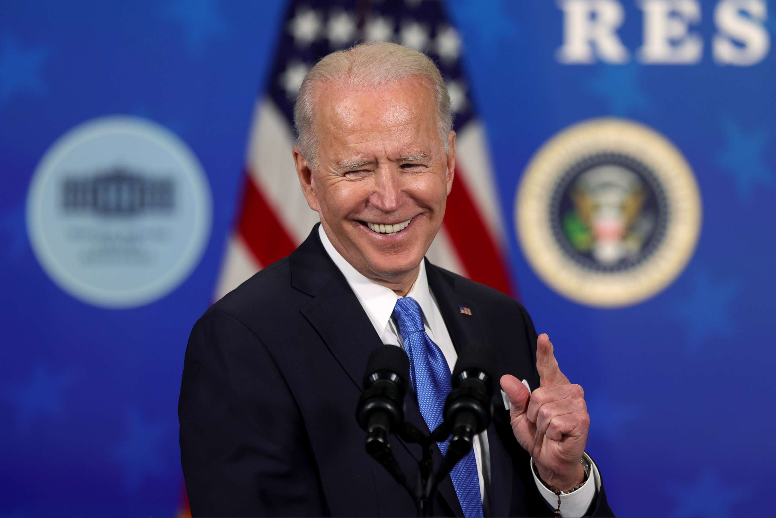 PHOTO: President Joe Biden speaks during an event with the CEOs of Johnson & Johnson and Merck at the South Court Auditorium of the Eisenhower Executive Office Building in Washington, March 10, 2021.