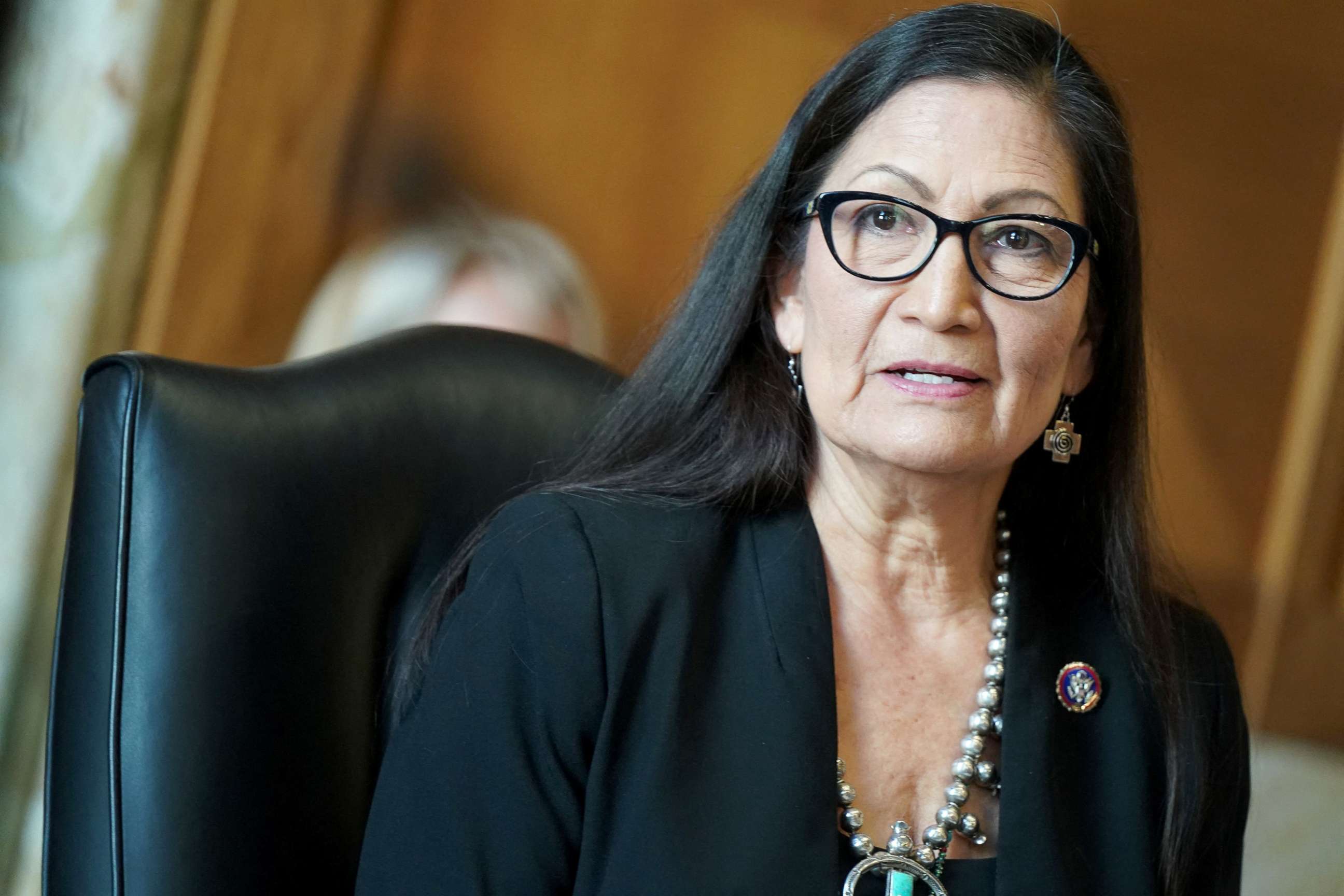 PHOTO: Secretary of the interior nominee Rep. Deb Haaland testifies during a Senate Energy and Natural Resources Committee confirmation hearing in Washington, DC on Feb 24, 2021. 