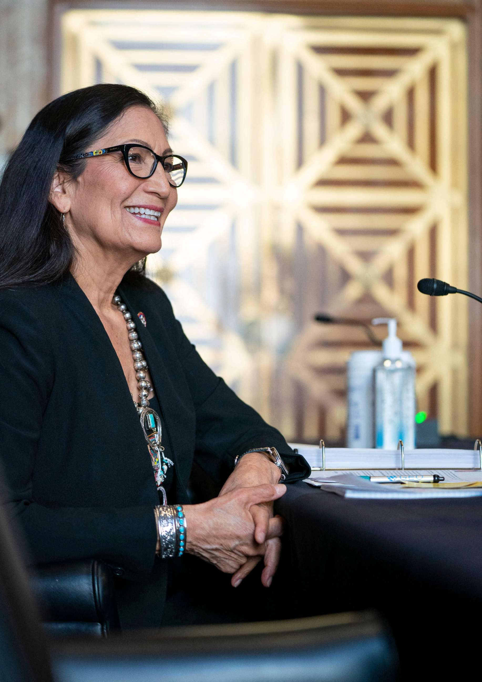 PHOTO: Secretary of the interior nominee Rep. Deb Haaland testifies during a Senate Energy and Natural Resources Committee confirmation hearing in Washington, DC on Feb 24, 2021. 