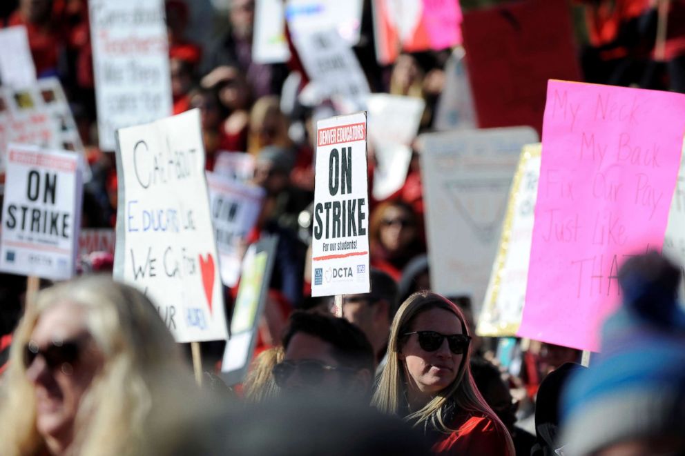 PHOTO: Teachers, students and members of the community hold a rally in Civic Center Park as Denver public school teachers strike for a second day in Denver, Colorado, Feb. 12, 2019.