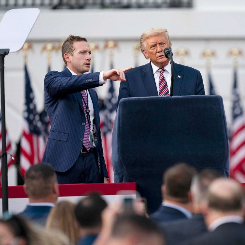 PHOTO: President Donald Trump talks with Deputy Campaign Manager for Presidential Operations Max Miller before his speech to the Republican National Convention on the South Lawn of the White House, Aug. 27, 2020.