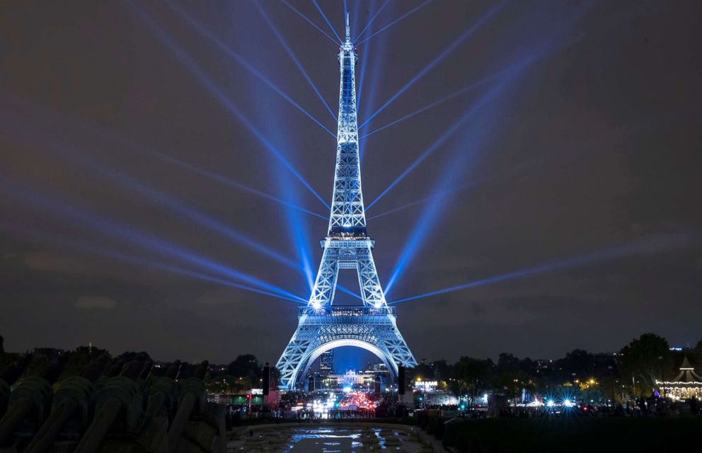 PHOTO: The Eiffel Tower is illuminated during a projection celebrating Japan, launched by Japan's Crown Prince Naruhito during a ceremony at the Theatre Chaillot in Paris, Sept. 13, 2018.