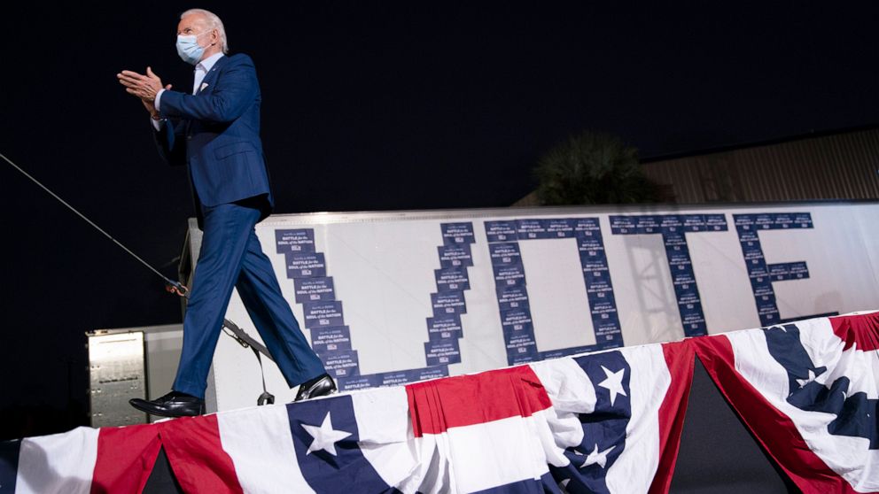 PHOTO: Democratic presidential nominee Joe Biden arrives for a drive-in campaign rally at the Florida State Fairgrounds in Tampa, Fla., Oct. 29, 2020. 