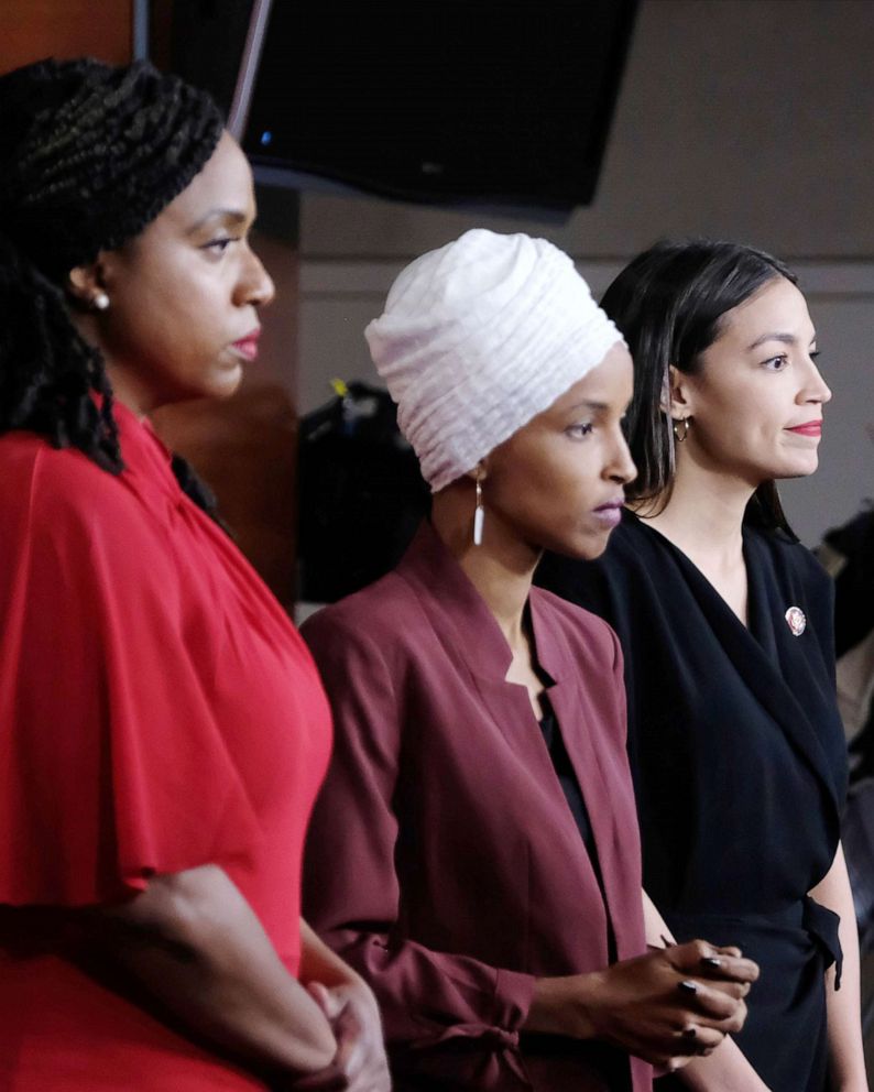 PHOTO: Reps. Ayanna Pressley, Ilhan Omar, and Alexandria Ocasio-Cortez attend a news conference at the U.S. Capitol, July 15, 2019.