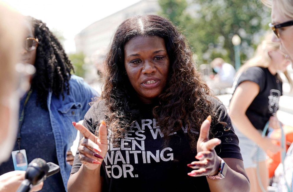 PHOTO: Representative Cori Bush  speaks to reporters about the upcoming expiration of the pandemic-related federal moratorium on residential evictions from the steps of the U.S. Capitol , July 31, 2021.