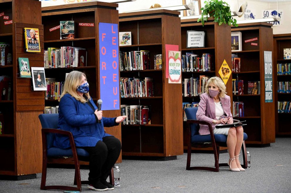 PHOTO: First Lady Jill Biden listens to parents as she tours Fort LeBoeuf Middle School in Waterford, Pa., March 3, 2021. 