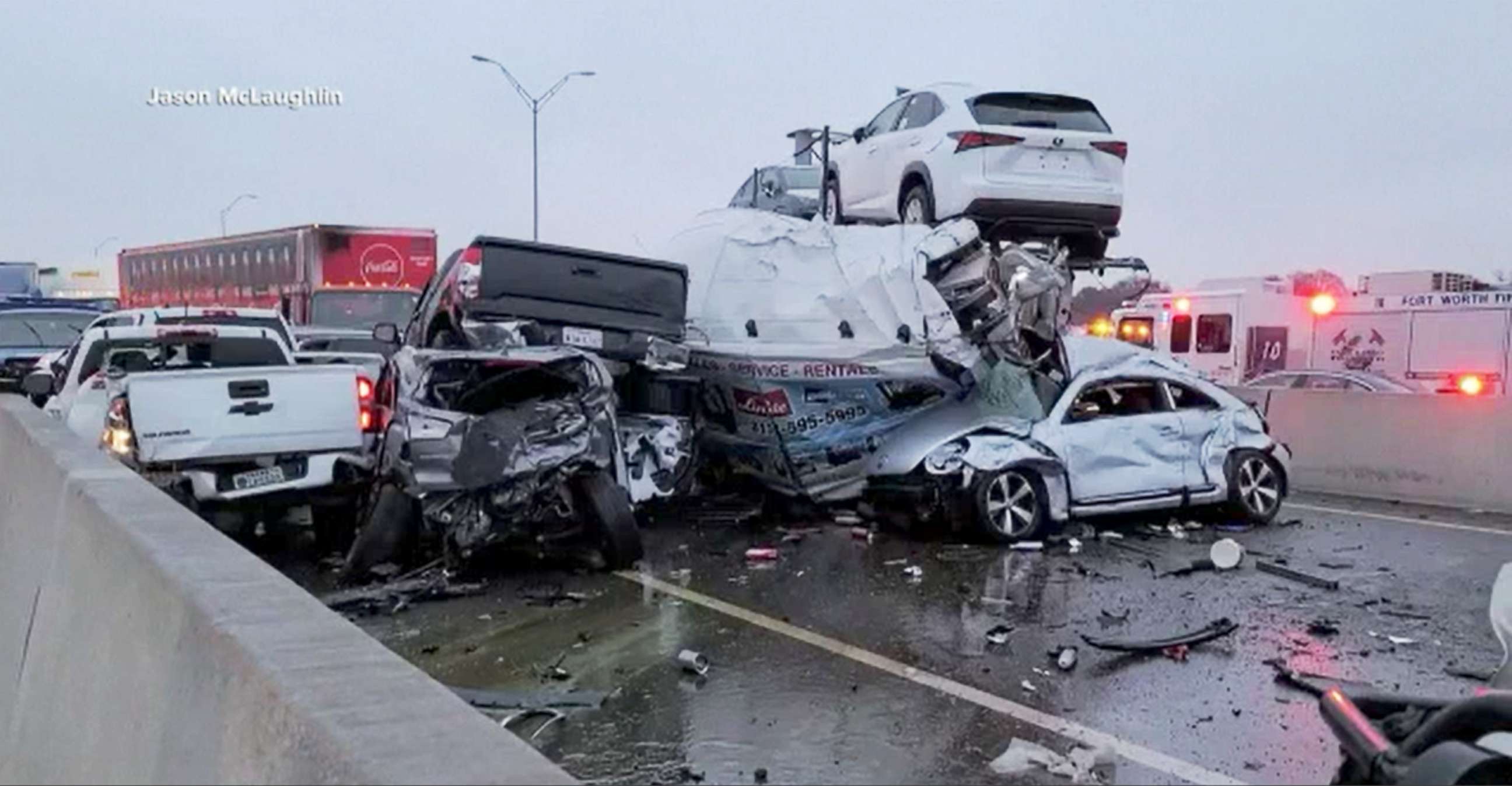 PHOTO: The aftermath of a multi-vehicle accident remains on I-35 highway north in Fort Worth, Texas, Feb.11, 2021.