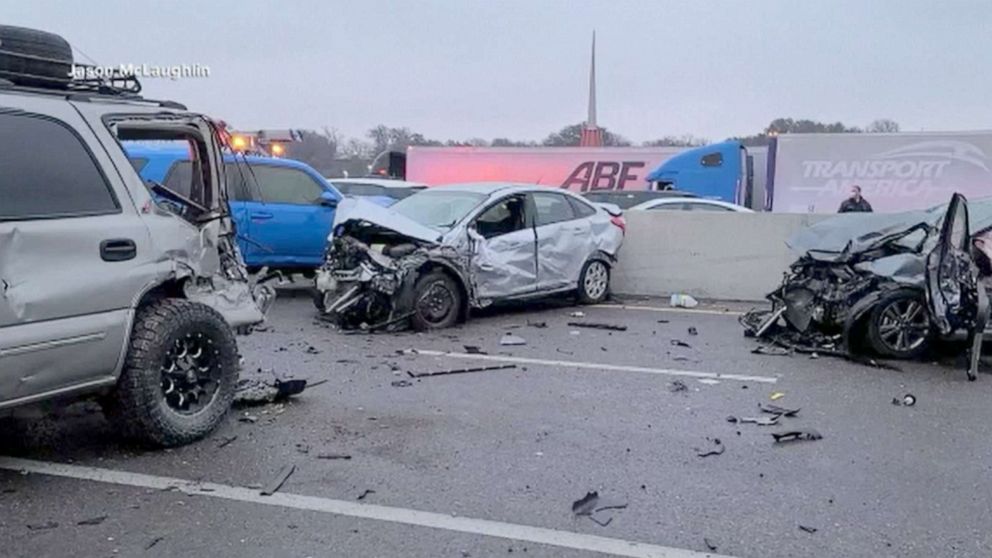 PHOTO: The aftermath of a multi-vehicle accident remains on I-35 highway north in Fort Worth, Texas, Feb.11, 2021.