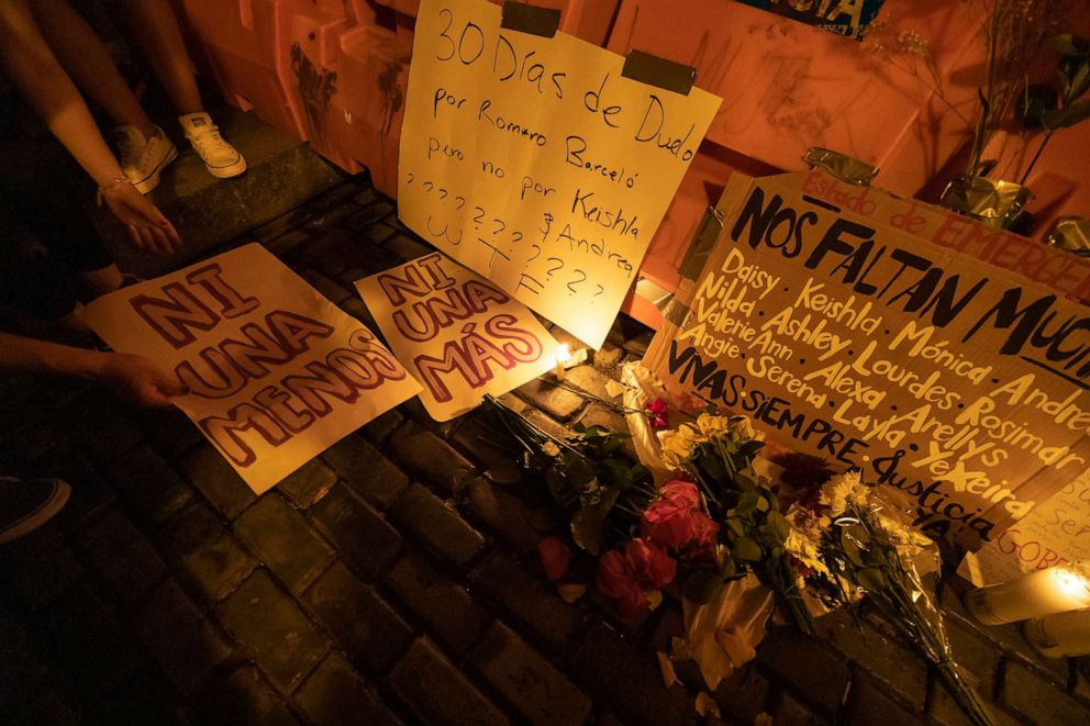 PHOTO: Signs in protest of gender violence against women are laid in front of the Governor residence in response to the deaths of  Keishla Rodri­guez and Andrea Ruiz Costas, San Juan, Puerto Rico, May 3, 2021. 