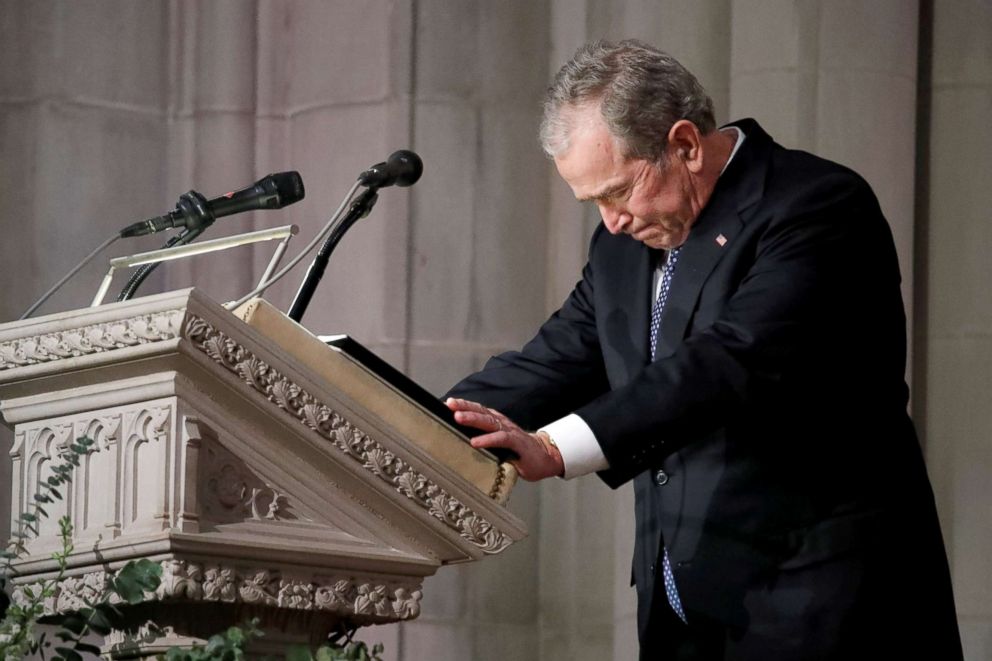 PHOTO: Former President George W. Bush speaks at the State Funeral for his father, former President George H.W. Bush, at the National Cathedral, Dec. 5, 2018, in Washington.