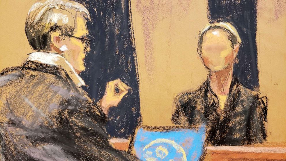 PHOTO: Witness "Kate" is cross-examined by defense attorney Bobbi Sternheim during the trial of Ghislaine Maxwell, the Jeffrey Epstein associate accused of sex trafficking, in a courtroom sketch in New York, Dec. 6, 2021. 