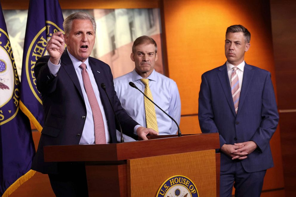 PHOTO: House Minority Leader Kevin McCarthy,joined by Rep. Jim Jordan and Rep. Jim Banks,  speaks a news conference in Washington, July 21, 2021.