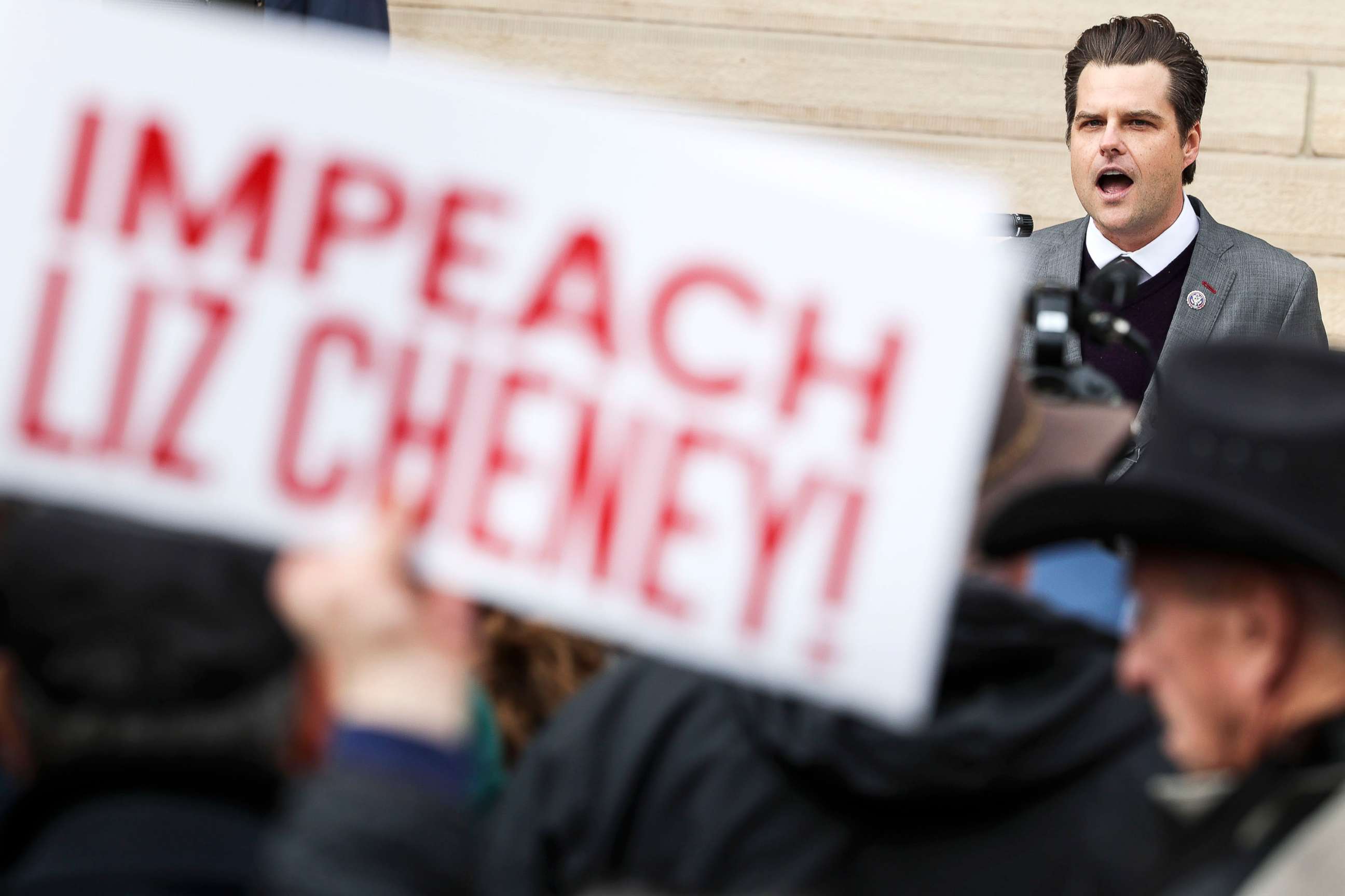 PHOTO: Rep. Matt Gaetz speaks to a crowd during a rally against Rep. Liz Cheney in Cheyenne, Wyo., Jan. 28, 2021.