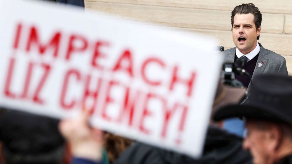 PHOTO: Rep. Matt Gaetz speaks to a crowd during a rally against Rep. Liz Cheney in Cheyenne, Wyo., Jan. 28, 2021.