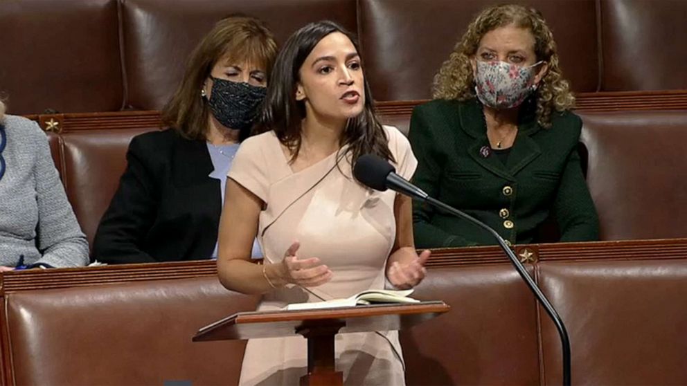 PHOTO: Rep. Alexandria Ocasio Cortez speaks about the motion to censure Rep. Paul Gosar from the floor of the House of Representatives in Washington, Nov. 17, 2021.