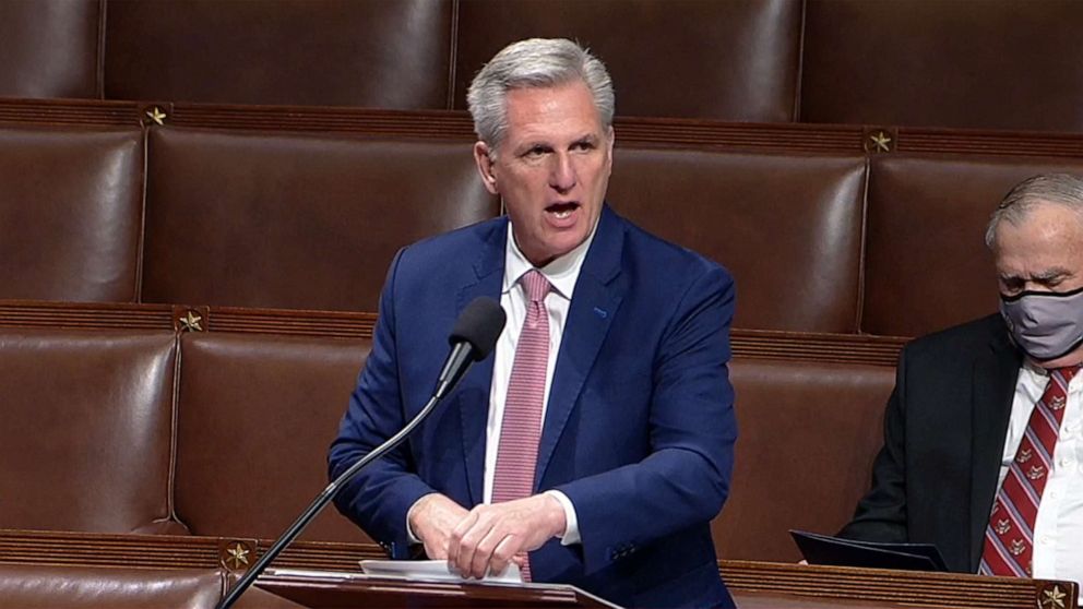 PHOTO: House Minority Leader Kevin McCarthy speaks about the motion to censure Rep. Paul Gosar from the floor of the House of Representatives in Washington, Nov. 17, 2021.