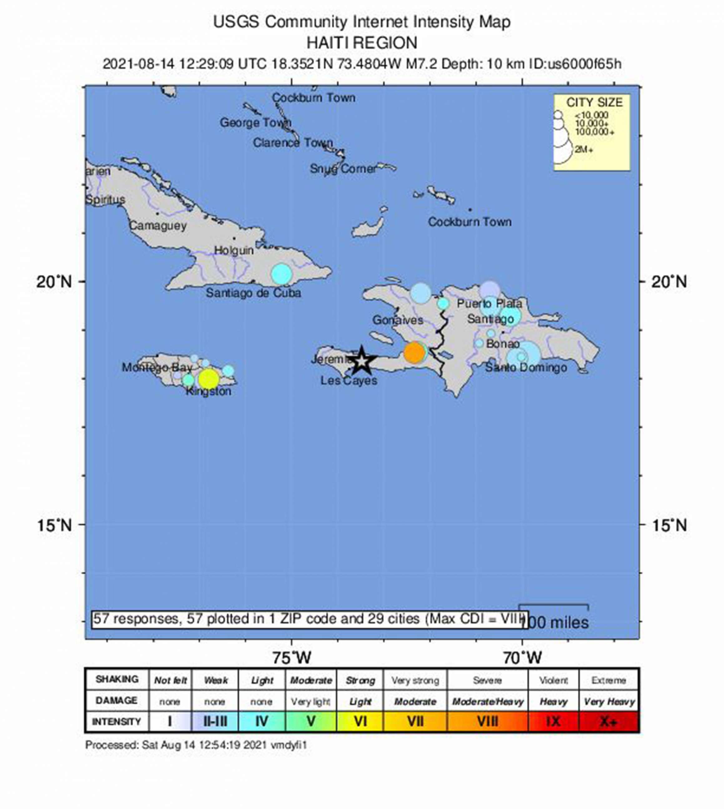 PHOTO: A handout shakemap made available by the United States Geological Survey (USGS) shows the location of a 7.2-magnitude earthquake hitting near Saint-Louis du Sud, Haiti, Aug. 14, 2021.
