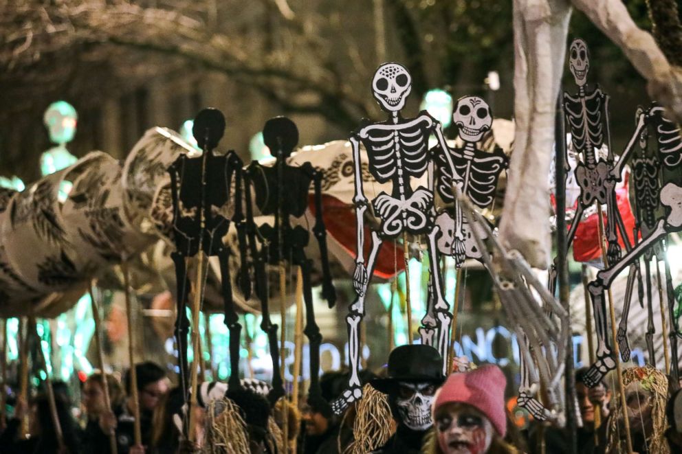 PHOTO: Skeleton props are displayed during the 45th annual Village Halloween Parade in Manhattan, New York, Oct. 31, 2018.