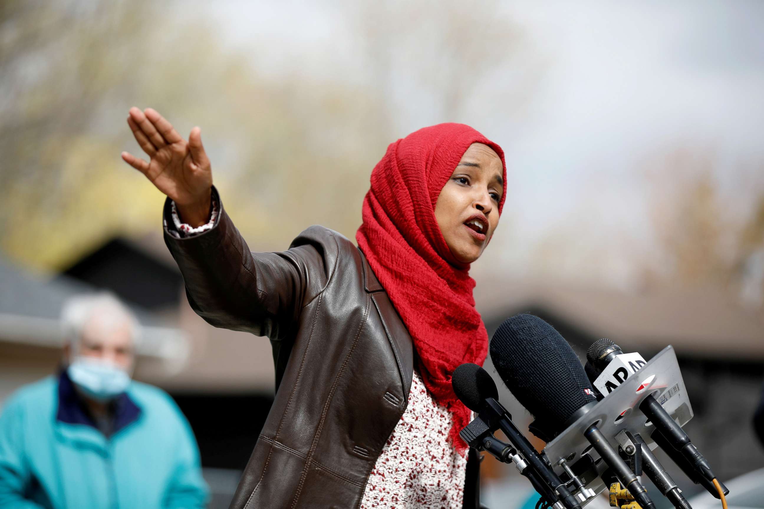PHOTO: Rep. Ilhan Omar addresses the media and community organizers at a press conference  in Brooklyn Center, Minn., April 20, 2021.