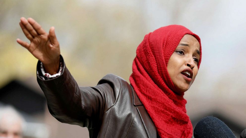 PHOTO: Rep. Ilhan Omar addresses the media and community organizers at a press conference in Brooklyn Center, Minn., April 20, 2021.