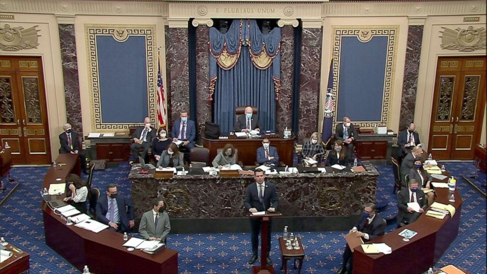 PHOTO:House impeachment manager Rep. Eric Swalwell  delivers part of the impeachment managers opening argument in the impeachment trial of former President Donald Trump, on charges of inciting the deadly attack on the Capitol, Feb. 10., 2021.