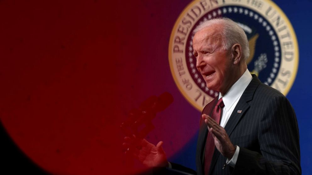 PHOTO: President Joe Biden speaks as he makes a statement at the South Court Auditorium at Eisenhower Executive Building in Washington, Feb. 10, 2021.