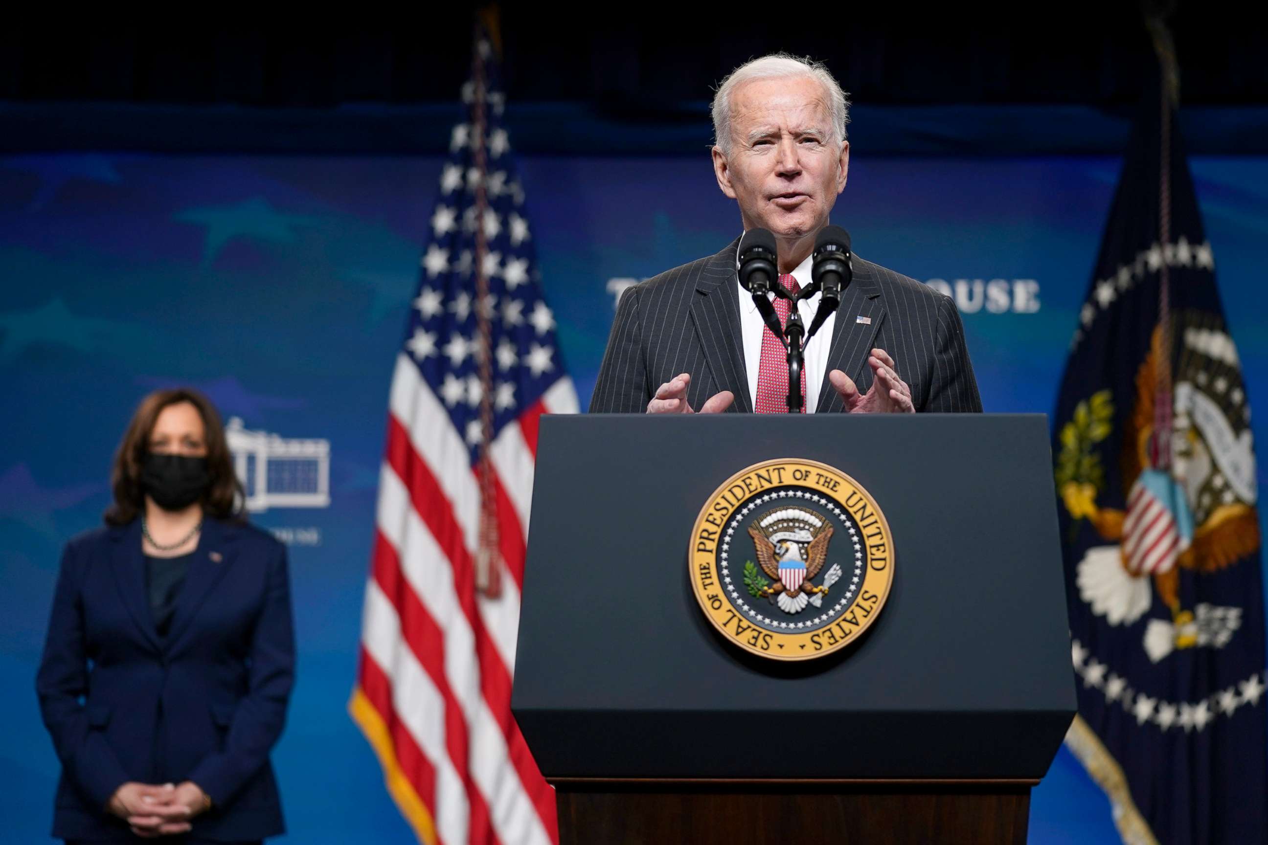 PHOTO: President Joe Biden speaks alongside Vice President Kamala Harris in the South Court Auditorium on the White House complex, Feb. 10, 2021.