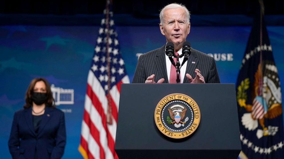 PHOTO: President Joe Biden speaks alongside Vice President Kamala Harris about his administration's response to the coup in Myanmar in the South Court Auditorium on the White House complex, Feb. 10, 2021.