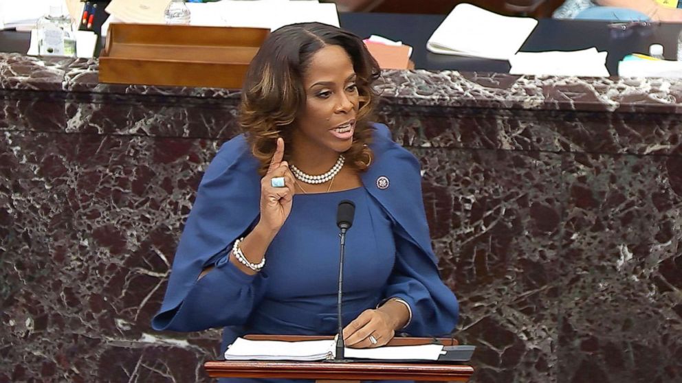 PHOTO: House impeachment manager Del. Stacey Plaskett speaks during the second impeachment trial of former President Donald Trump in the Senate at the U.S. Capitol in Washington, Feb. 10, 2021. 