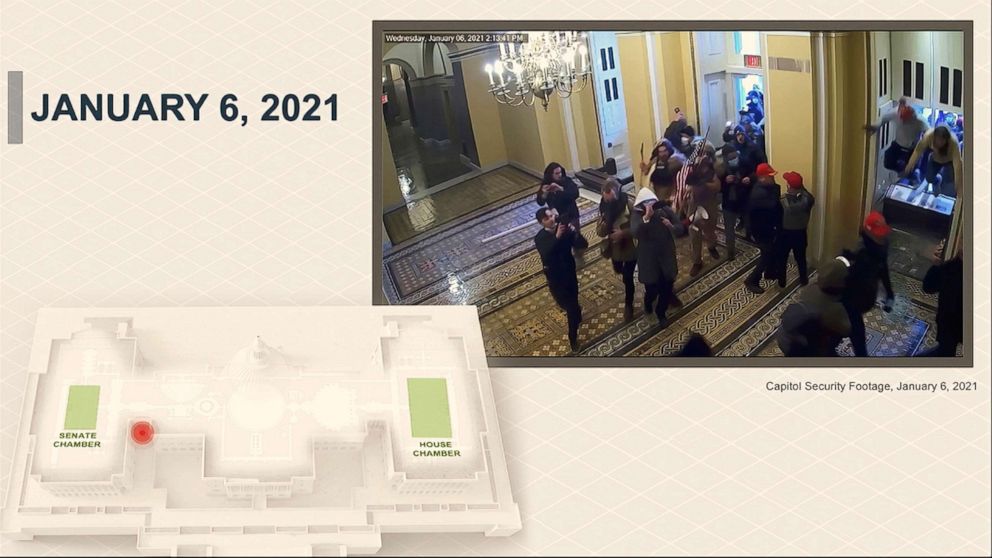 PHOTO: A security video is showing rioters entering the Capitol as House impeachment manager Del. Stacey Plaskett speaks during the second impeachment trial of former President Donald Trump in the Senate at the Capitol, Feb. 10, 2021.