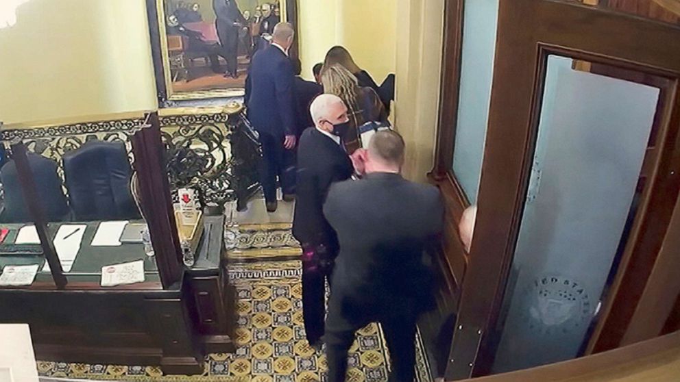 PHOTO: Security video shows Vice President Mike Pence being evacuated from the Senate chamber, as House impeachment manager Rep. Eric Swalwell speaks during the second impeachment trial of former President Donald Trump in the Senate, Feb. 10, 2021.