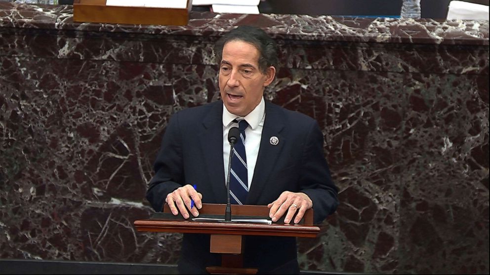 PHOTO: House impeachment manager Rep. Jamie Raskin, D-Md., speaks during the second impeachment trial of former President Donald Trump in the Senate at the Capitol in Washington, Feb. 13, 2021.