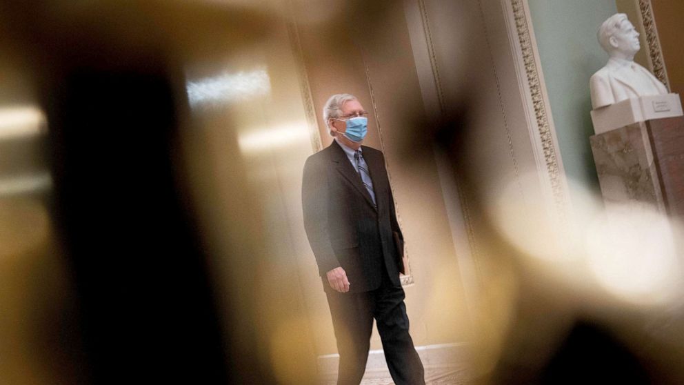PHOTO: Senate Minority Leader Senator Mitch McConnell walks to the Senate floor during the fourth day of former President Donald Trump's impeachment trial before the Senate on Capitol Hill Feb. 12, 2021.