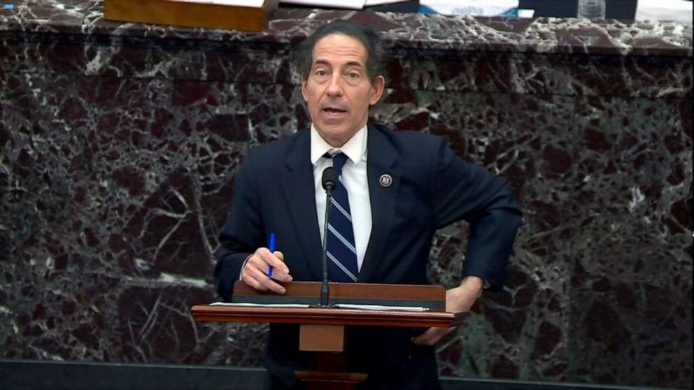 PHOTO: House impeachment manager Rep. Jamie Raskin speaks on the fifth day of former President Donald Trump's second impeachment trial at the Capitol, Feb. 13, 2021.
