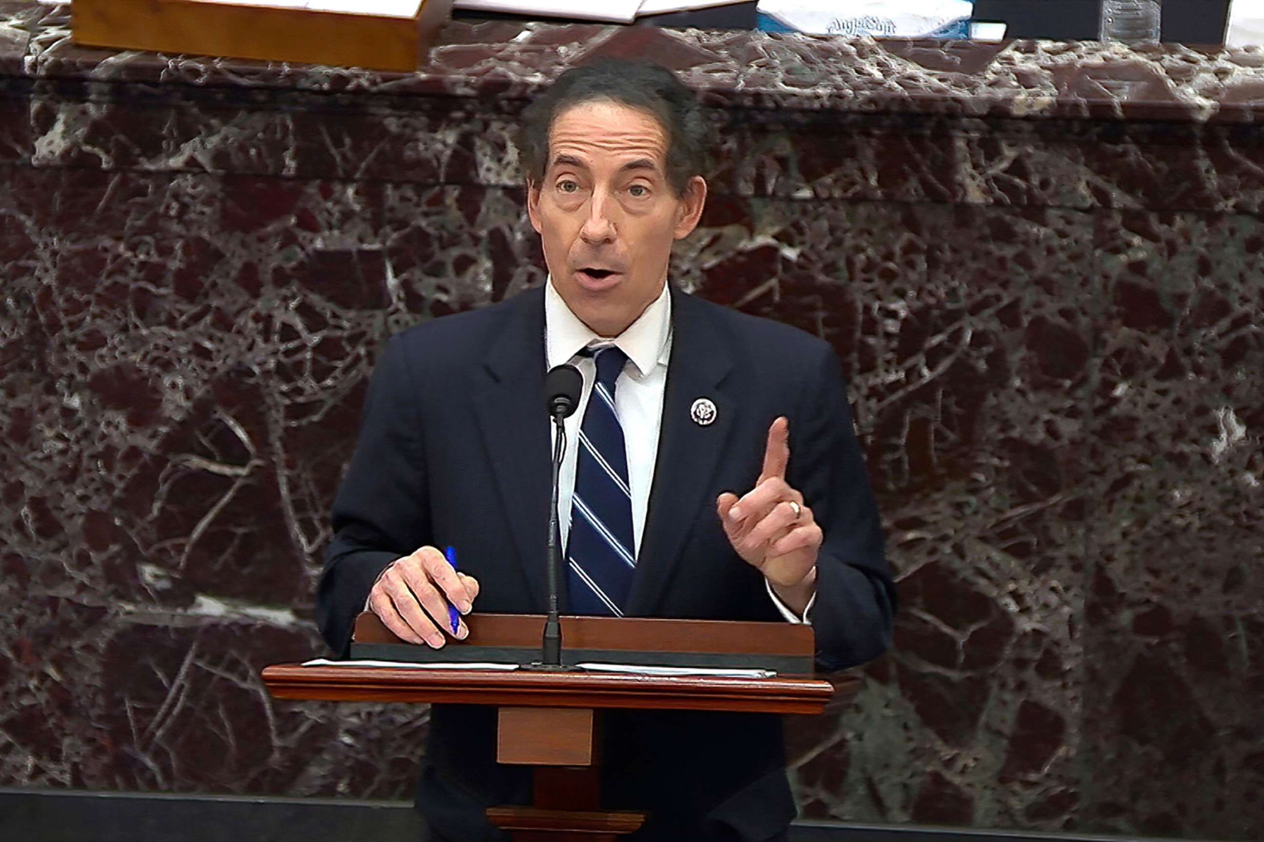 PHOTO: House impeachment manager Rep. Jamie Raskin, speaks after the Senate reached a deal to skip witness testimony during the second impeachment trial of former President Donald Trump in the Senate.