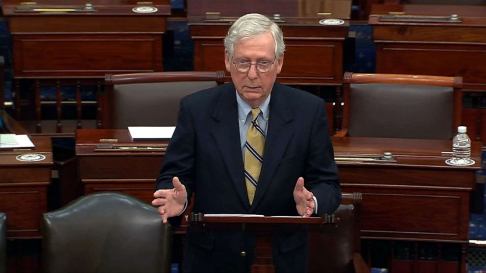 PHOTO: Minority leader Sen. Mitch McConnell  responds after the Senate voted 57-43 to acquit on the fifth day of former President Donald Trump's second impeachment trial at the U.S. Capitol, Feb. 13, 2021 