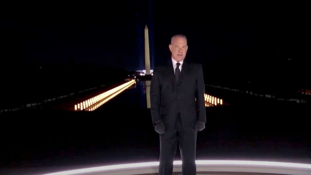 PHOTO: Tom Hanks hosts the "Celebrating America" event at the Lincoln Memorial, during the inauguration of Joe Biden as the 46th President of the United States in Washington, Jan. 20, 2021. 
